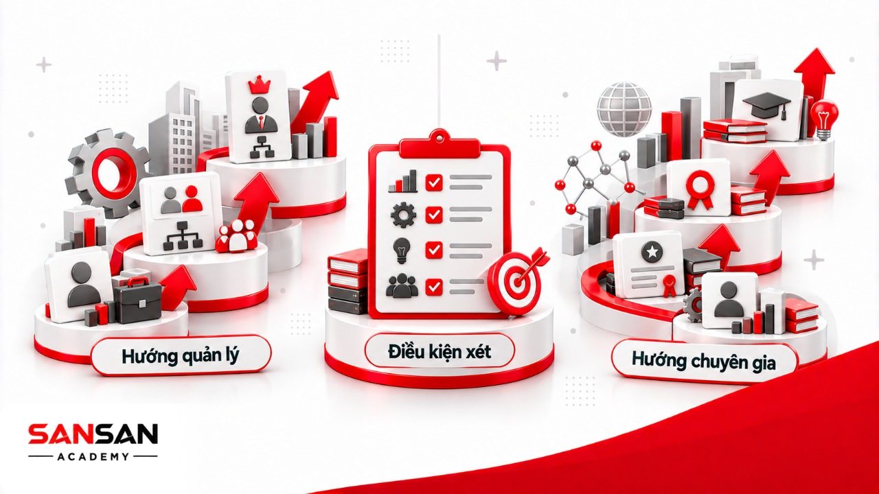Lộ trình thăng tiến gồm hướng quản lý và hướng chuyên gia, cùng yêu cầu về năng lực, kết quả và mức độ sẵn sàng.