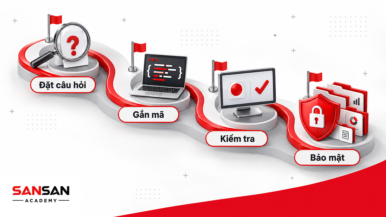 Đường đi bốn cột mốc từ đặt câu hỏi, gắn mã theo dõi, kiểm tra ghi nhận đến bảo mật dữ liệu heatmap