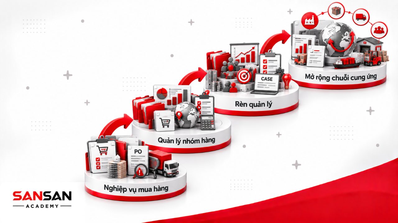 Lộ trình lên trưởng phòng mua hàng từ nhân viên thu mua, phụ trách nhóm hàng, quản lý đội ngũ đến giám đốc mua hàng hoặc chuỗi cung ứng.