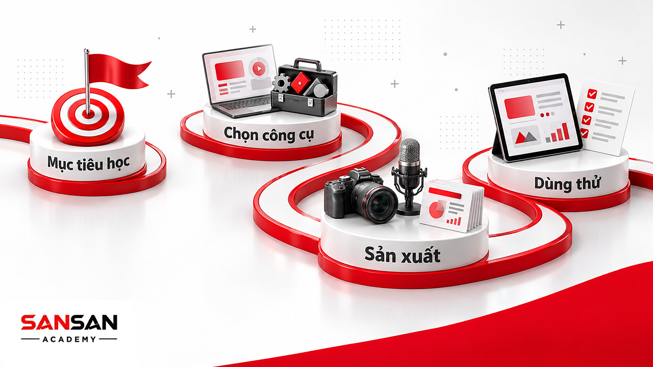 Con đường uốn lượn qua bốn cột mốc mục tiêu, công cụ, sản xuất và dùng thử trong quy trình xây dựng học liệu số