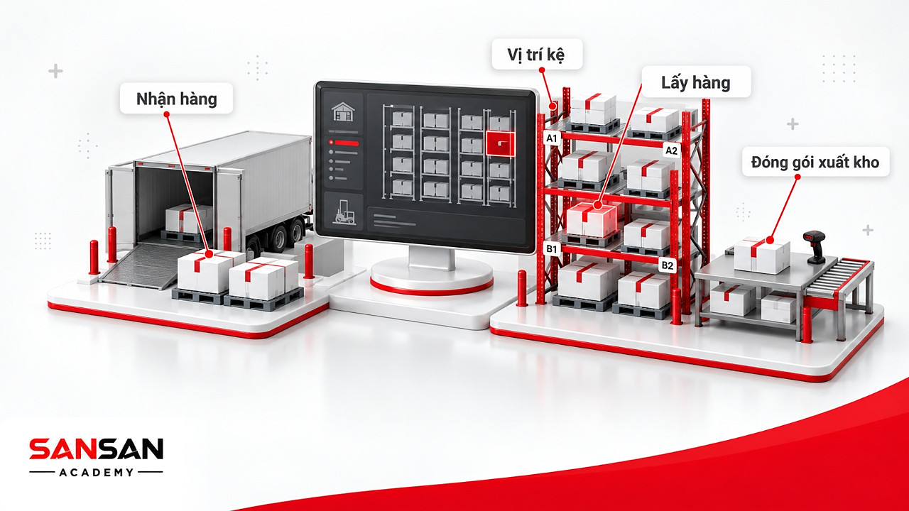 Cảnh kho có bến nhận hàng, kệ mã vị trí, xe lấy hàng và bàn đóng gói được WMS theo dõi trong logistics