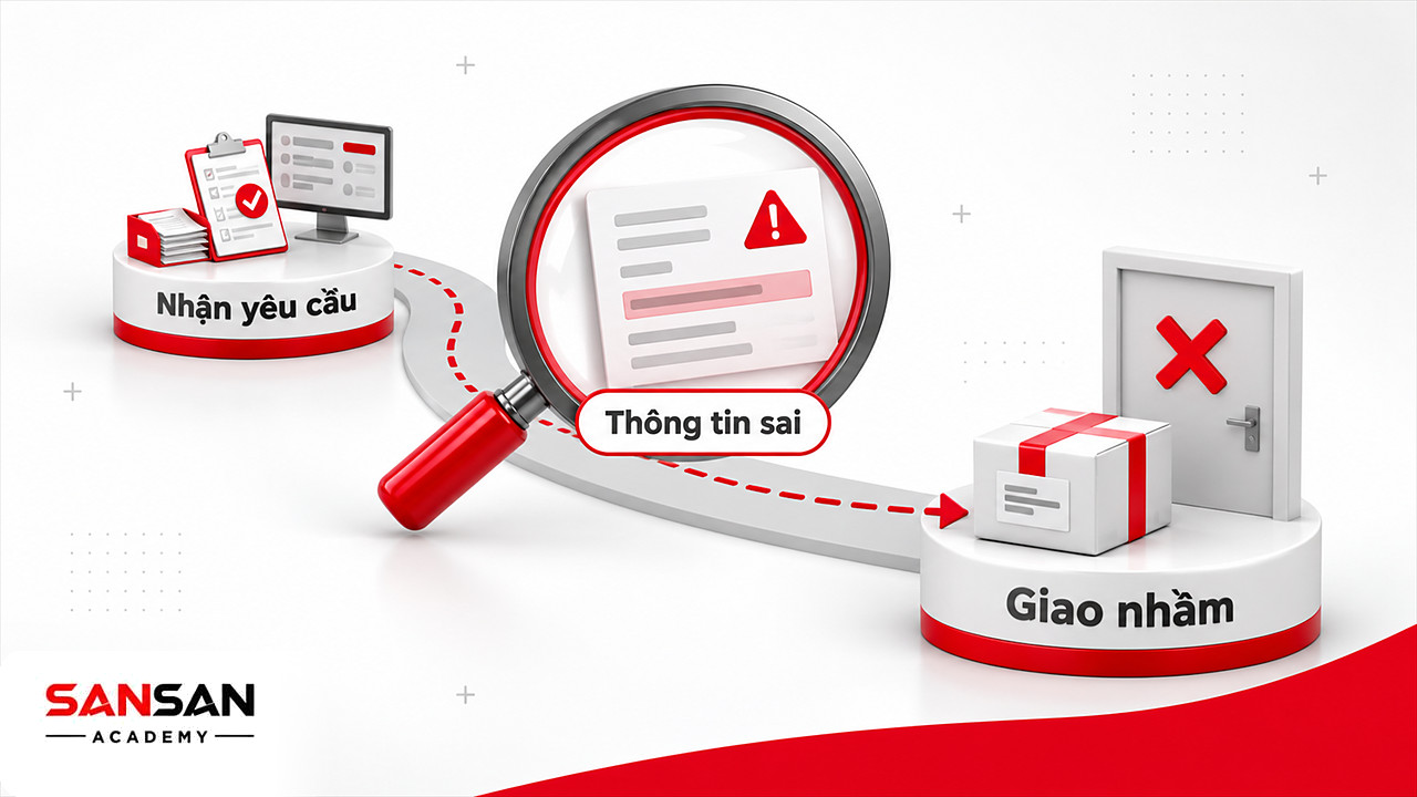 Kính lúp truy lỗi logistics về khâu nhận yêu cầu, nơi thông tin sai bắt đầu trước khi gây giao nhầm