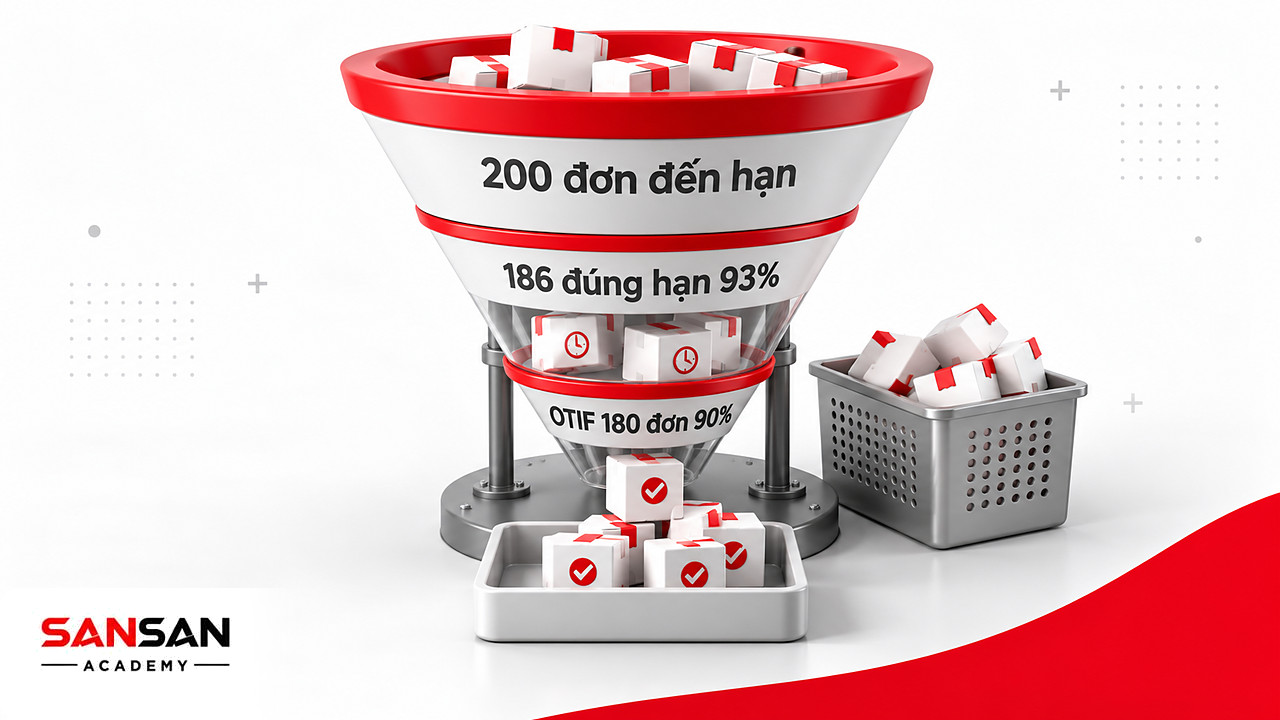 Phễu đơn logistics từ 200 đơn đến hạn còn 186 đơn đúng hạn đạt 93% và 180 đơn OTIF đạt 90%
