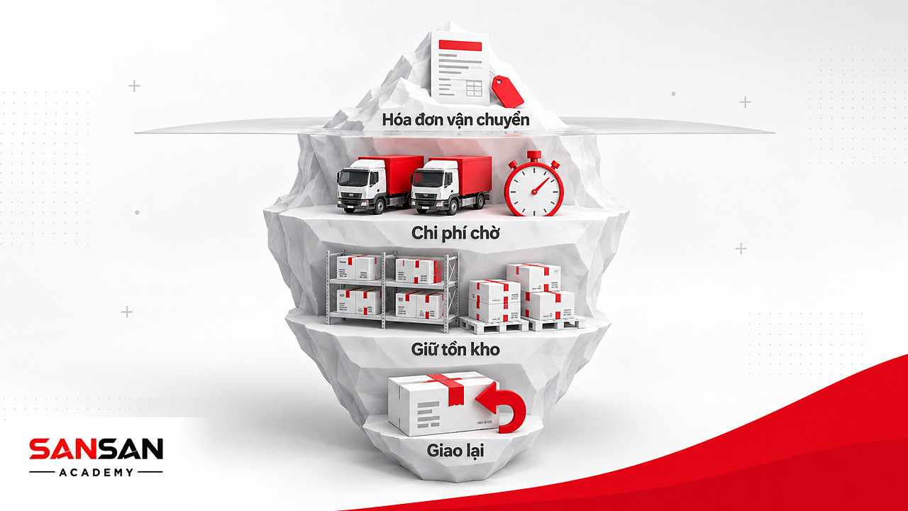 Tảng băng chi phí logistics: hóa đơn vận chuyển nổi trên mặt, chi phí chờ, giữ tồn kho và giao lại chìm bên dưới