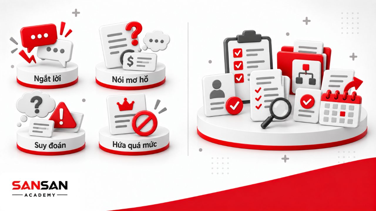 Những lỗi giao tiếp với khách hàng như ngắt lời, diễn đạt mơ hồ, suy đoán, phản ứng phòng thủ và hứa vượt thẩm quyền.