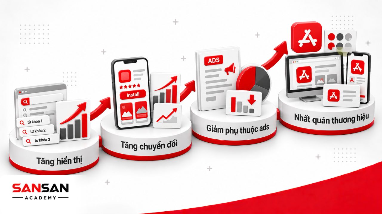 Lợi ích của ASO gồm tăng khả năng hiển thị, cải thiện chuyển đổi, hỗ trợ lượt cài tự nhiên và giữ thương hiệu nhất quán.