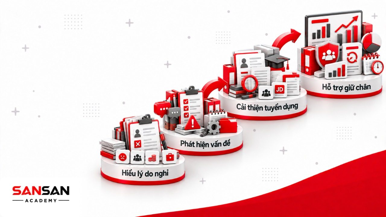 Lợi ích Exit Interview gồm xác định nguyên nhân nghỉ việc, phát hiện vấn đề quản lý, cải thiện tuyển dụng và hỗ trợ chiến lược giữ chân.