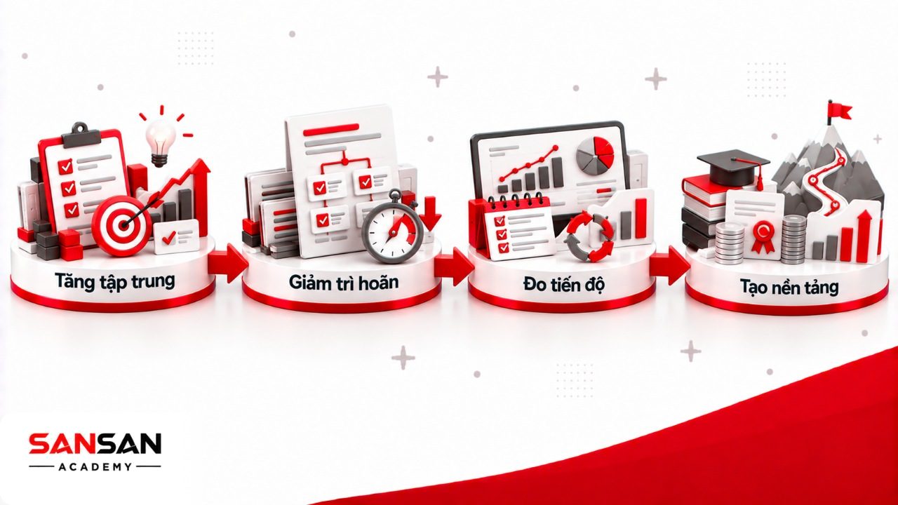 Lợi ích của mục tiêu ngắn hạn và dài hạn gồm tăng tập trung, giảm trì hoãn, đo tiến độ và tạo nền tảng cho kết quả lớn hơn.