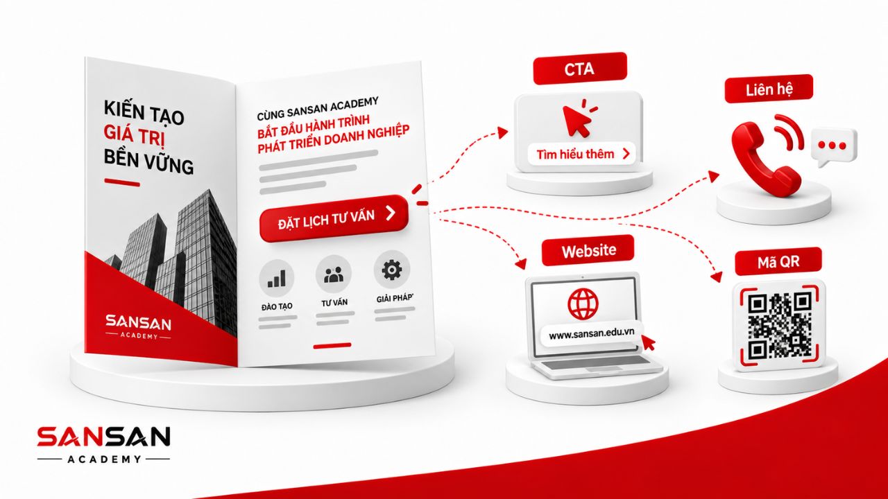 Brochure có lời mời đặt lịch tư vấn, điện thoại, website và mã QR