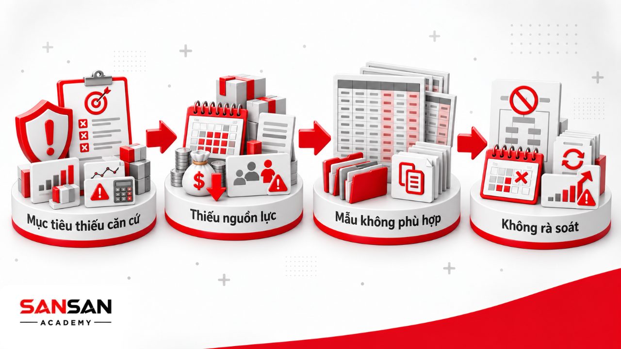 Những lỗi khi lập kế hoạch bán hàng gồm đặt mục tiêu thiếu dữ liệu, bỏ qua nguồn lực, dùng mẫu không phù hợp và không rà soát định kỳ.