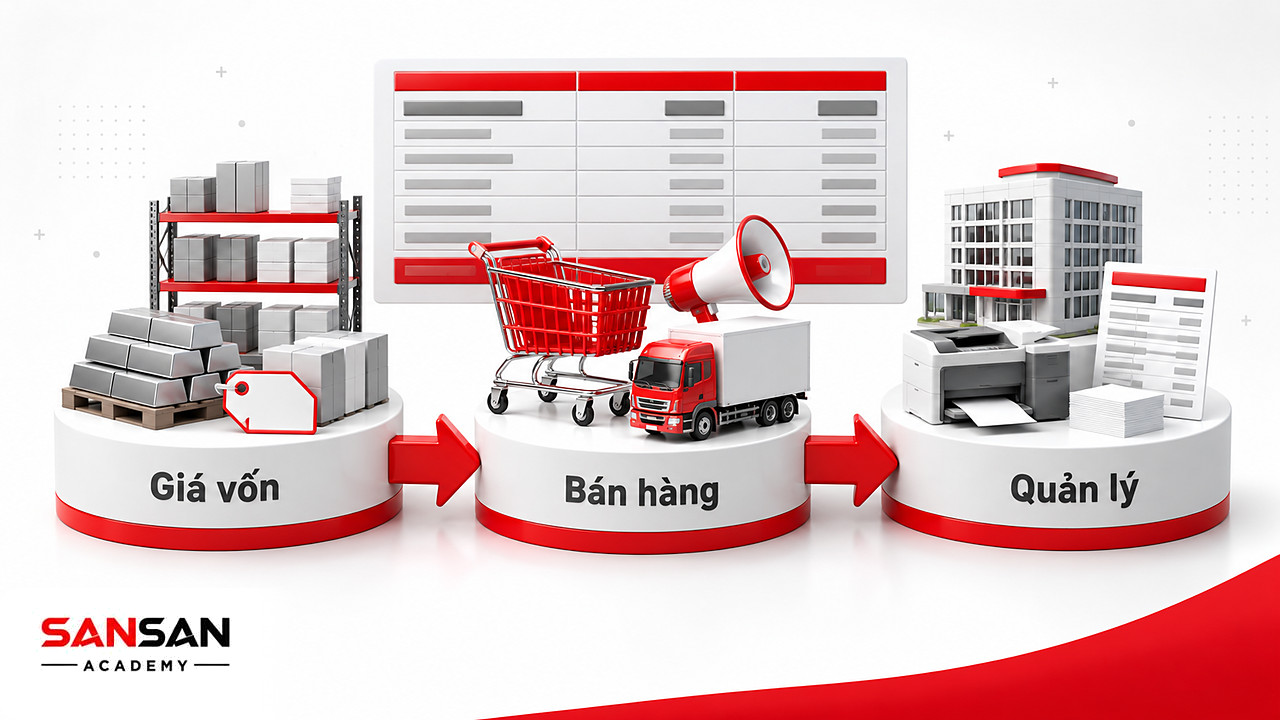 Ba bệ giá vốn, chi phí bán hàng và chi phí quản lý trước bảng kết quả có dòng lợi nhuận sau thuế
