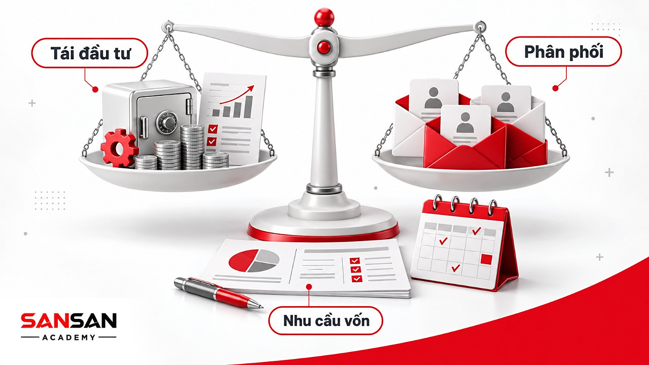 Cán cân giữa két tiền tái đầu tư và phong bì chia cho chủ sở hữu từ lợi nhuận sau thuế