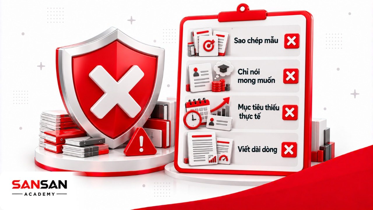 Lỗi khi viết mục tiêu nghề nghiệp gồm sao chép mẫu, chỉ nói mong muốn cá nhân, đặt mục tiêu thiếu thực tế và viết dài dòng thiếu căn cứ.