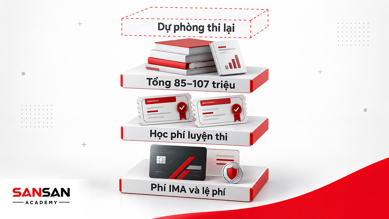 Các lớp chi phí theo đuổi CMA: phí IMA, phí chương trình, lệ phí thi, học phí và dự phòng thi lại