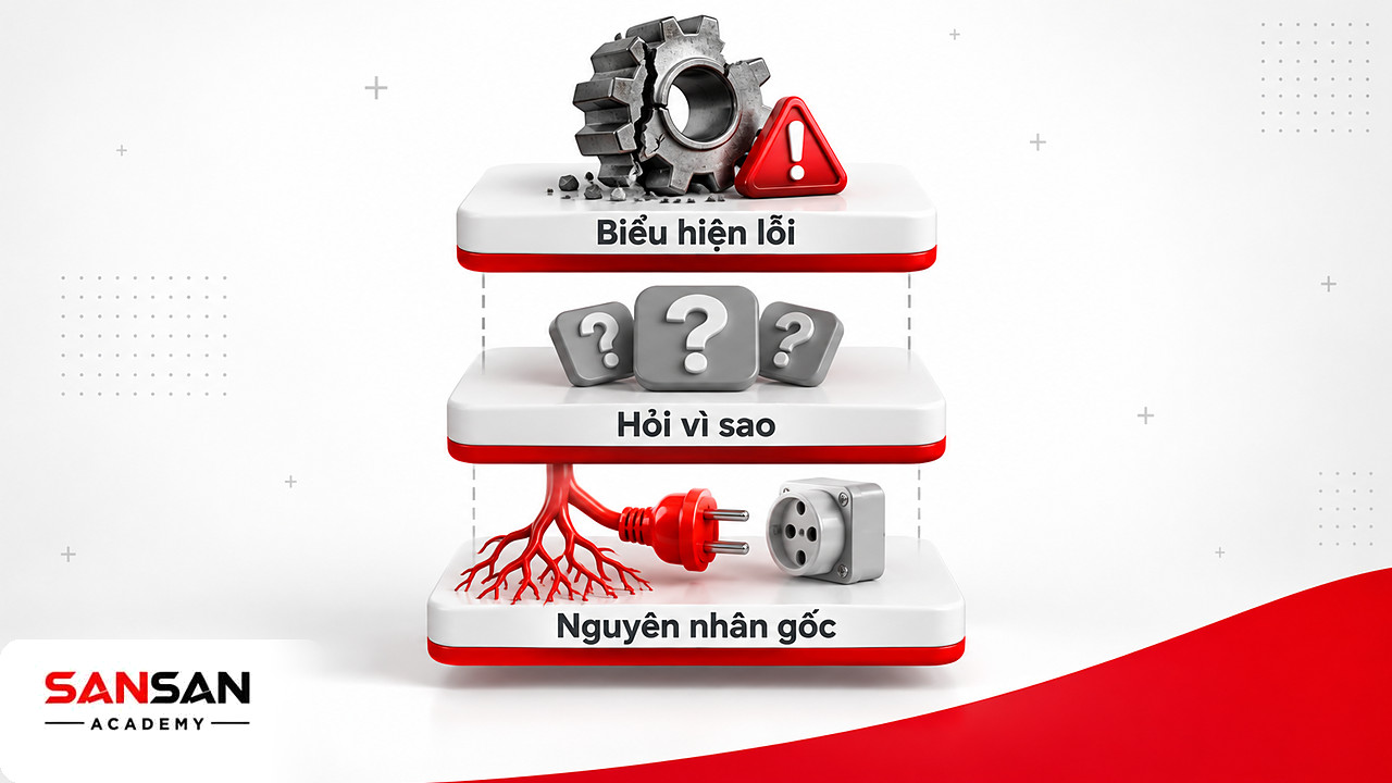 Ba lớp tách tầng 5 Why trong Kaizen: biểu hiện lỗi ở trên, các câu hỏi vì sao ở giữa, nguyên nhân gốc ở đáy
