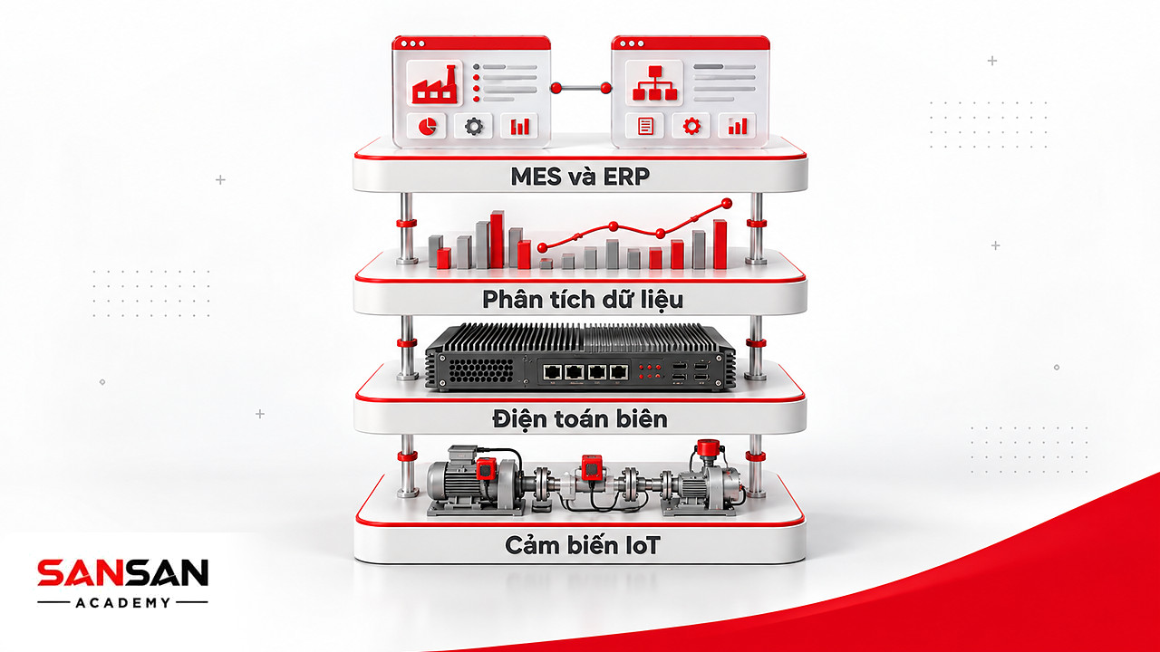 Các lớp công nghệ nền tảng của công nghiệp thông minh: cảm biến IoT, điện toán biên, phân tích dữ liệu, MES và ERP