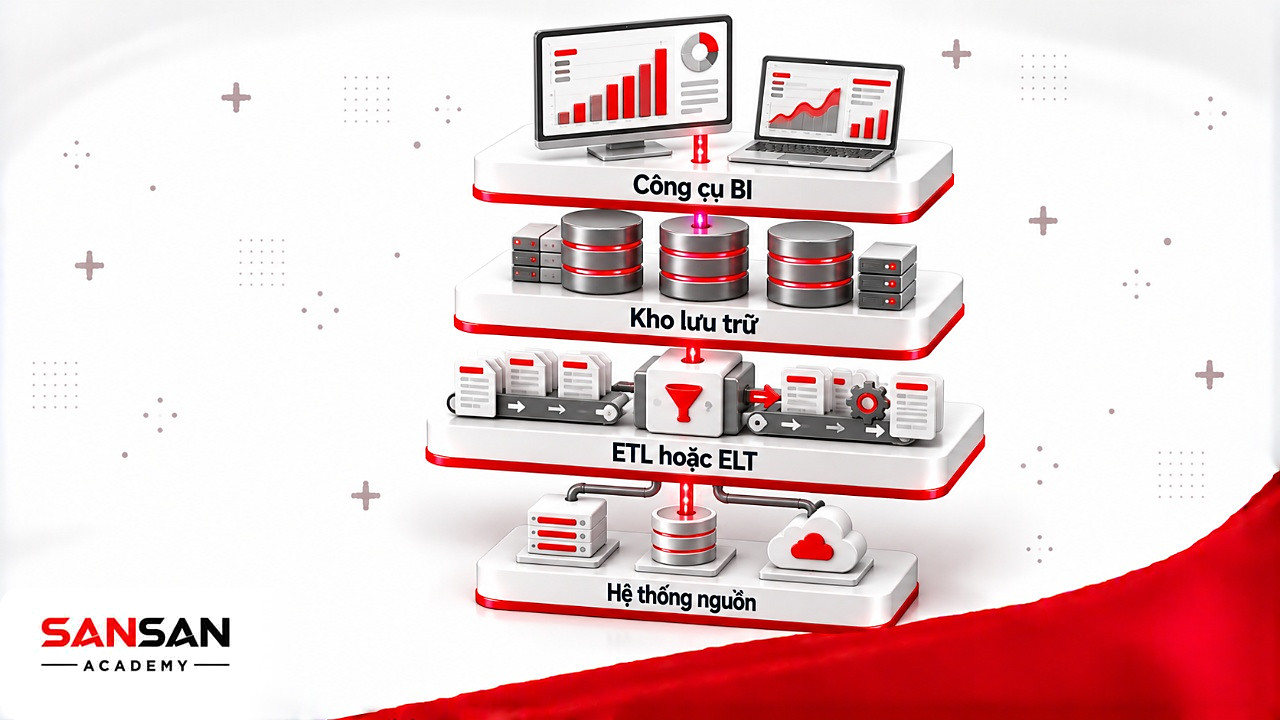 Bốn tầng kiến trúc Data Warehouse gồm hệ thống nguồn, ETL hoặc ELT, kho lưu trữ và công cụ BI