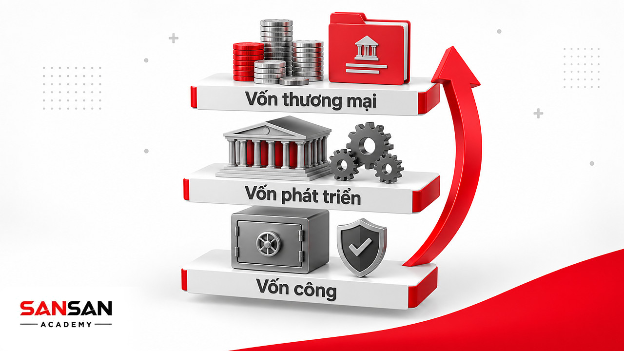 Ba lớp vốn công, vốn phát triển và vốn thương mại xếp chồng trong mô hình tài chính hỗn hợp của tài chính xanh