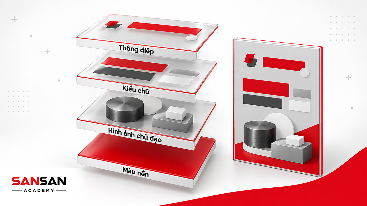 Các lớp màu nền, hình ảnh chủ đạo, kiểu chữ và thông điệp tách tầng rồi ghép thành Key Visual