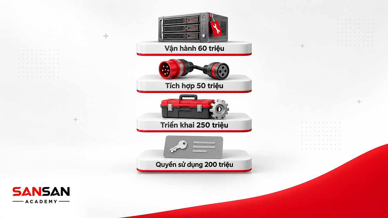 Các lớp chi phí hệ thống ERP: quyền sử dụng 200 triệu, triển khai 250 triệu, tích hợp 50 triệu, vận hành 60 triệu