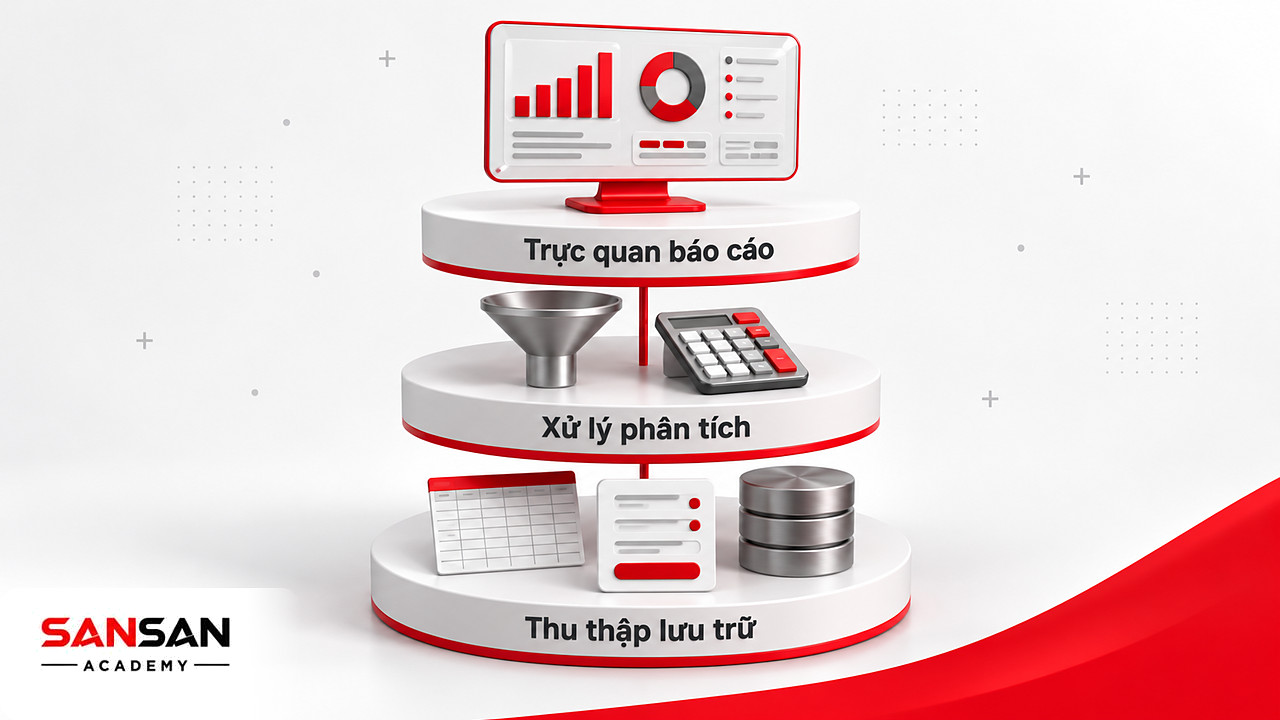 Ba lớp công cụ hỗ trợ Data Driven: thu thập lưu trữ, xử lý phân tích và trực quan hóa báo cáo