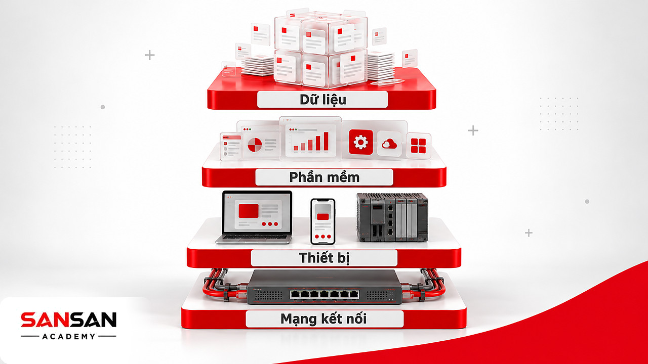 Các lớp tạo nên công nghệ số: mạng kết nối, thiết bị, phần mềm và dữ liệu xếp chồng tách tầng