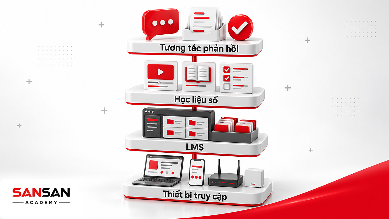 Các lớp của hệ thống E-learning gồm thiết bị truy cập, LMS, học liệu số và công cụ tương tác phản hồi