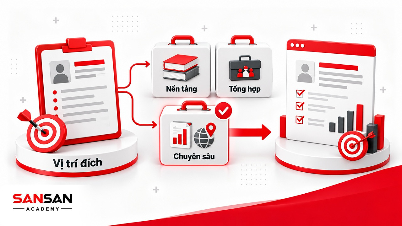 Chọn một chứng chỉ nhân sự trong nhiều phương án dựa trên vị trí đích, từ nền tảng, tổng hợp đến chuyên sâu