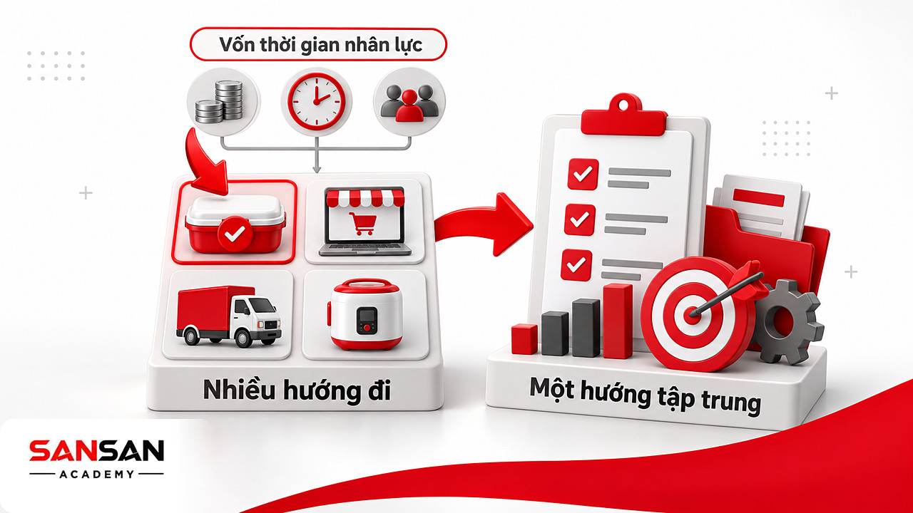 Bốn hướng cơ hội kinh doanh đặt cạnh nhau, nguồn lực vốn, thời gian, nhân lực chỉ đủ cho một hướng được chọn