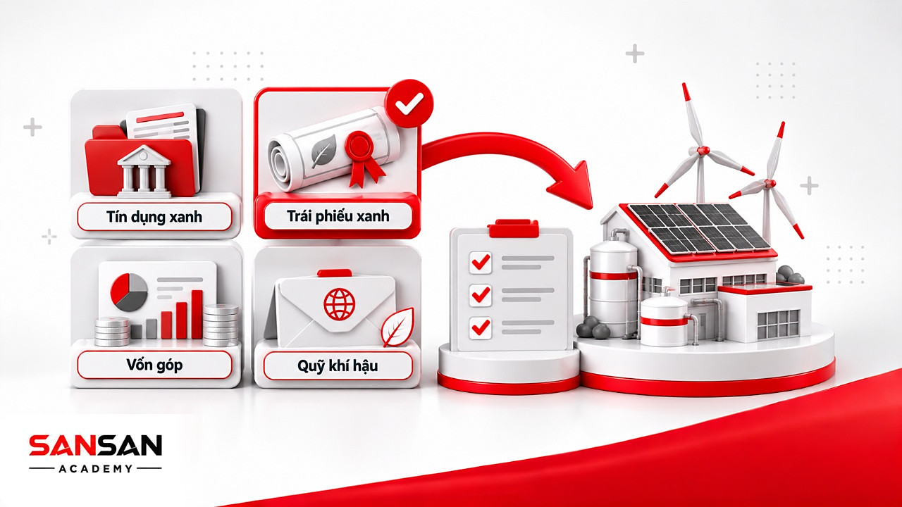 Bốn ô lựa chọn tín dụng, trái phiếu, vốn góp và quỹ khí hậu dẫn tới dự án trong các công cụ tài chính xanh