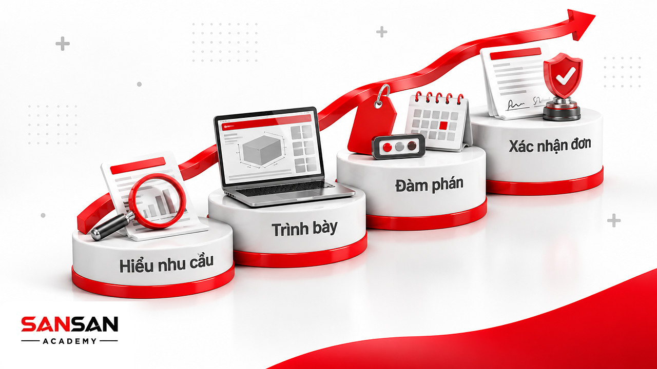 Bậc thang tư vấn của lực lượng bán hàng từ hiểu nhu cầu, trình bày sản phẩm, đàm phán giá đến xác nhận đơn