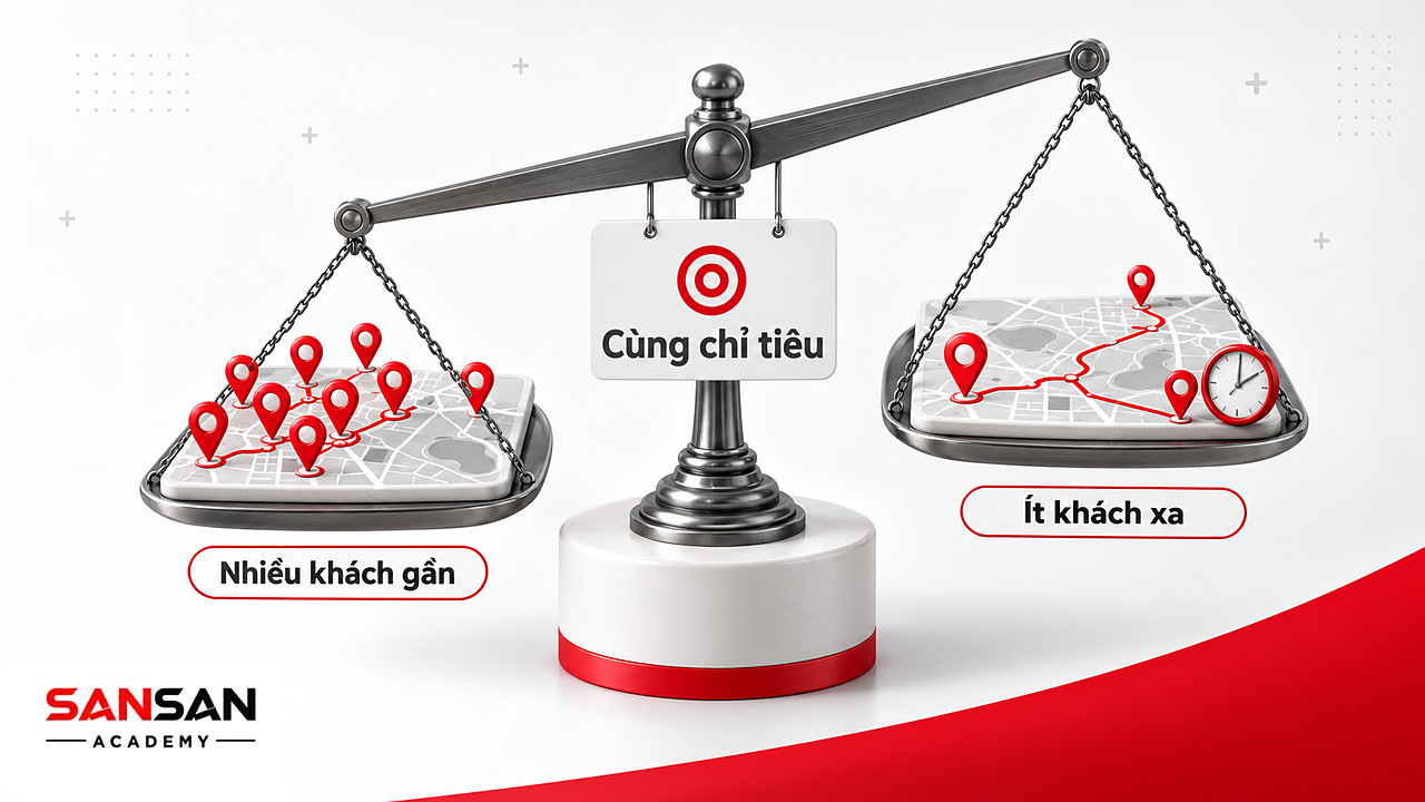 Cán cân hai địa bàn cùng diện tích, một bên dày khách, một bên ít khách ở xa, chung chỉ tiêu lực lượng bán hàng