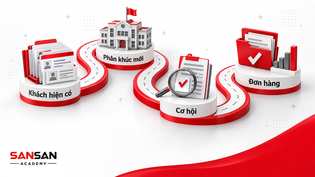 Đường đi của lực lượng bán hàng từ khách hiện có tới phân khúc trường học mới, cơ hội phù hợp và đơn hàng