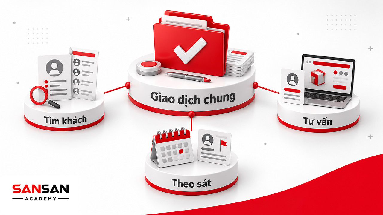Hub lực lượng bán hàng với tập giao dịch ở tâm, nối tới các vị trí tìm khách, tư vấn và theo sát khách