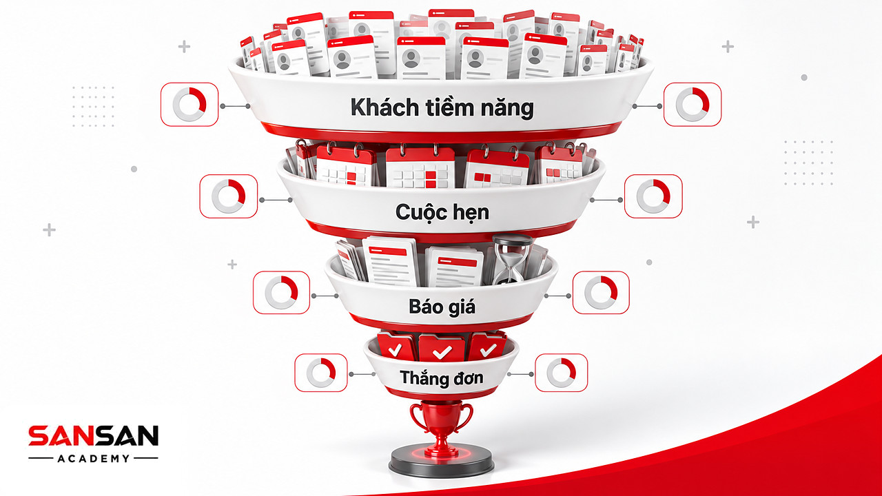Phễu bốn tầng của lực lượng bán hàng từ khách tiềm năng, cuộc hẹn, báo giá đến giao dịch thắng