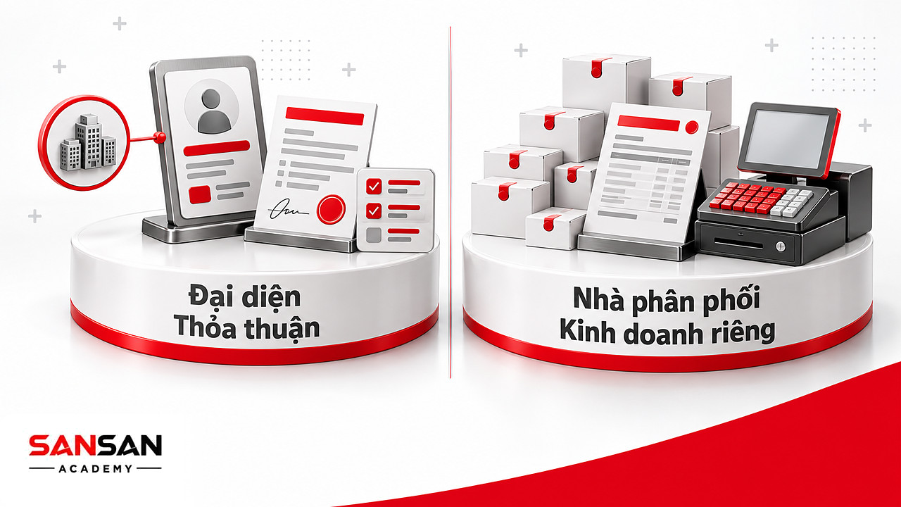 So sánh đại diện độc lập có thỏa thuận ủy quyền với nhà phân phối mua hàng bán lại trong lực lượng bán hàng