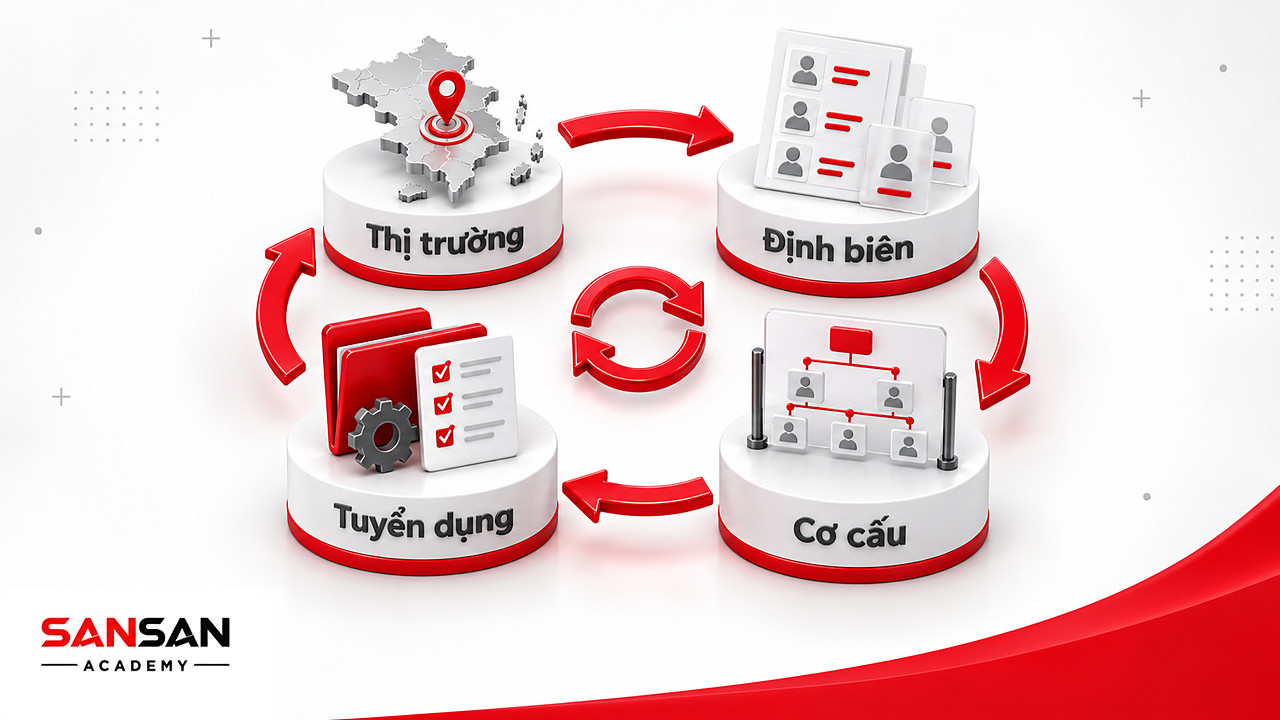 Vòng tròn xây dựng lực lượng bán hàng gồm thị trường, định biên, cơ cấu tổ chức, tuyển dụng và quản lý