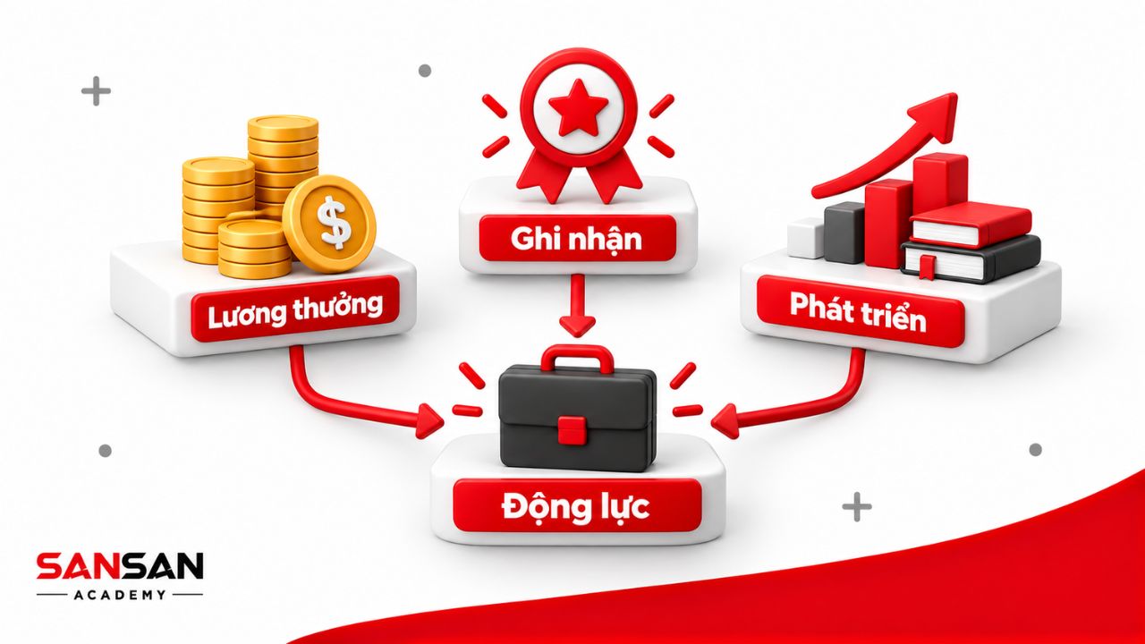 Ba yếu tố gồm lương thưởng, ghi nhận và phát triển nghề nghiệp