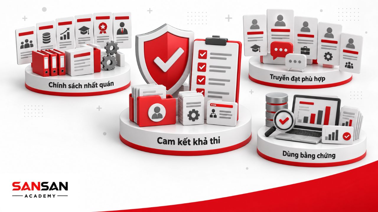 Lưu ý triển khai EVP gồm chỉ cam kết điều có thể thực hiện, thống nhất với chính sách văn hóa, điều chỉnh thông điệp và dùng bằng chứng cụ thể.