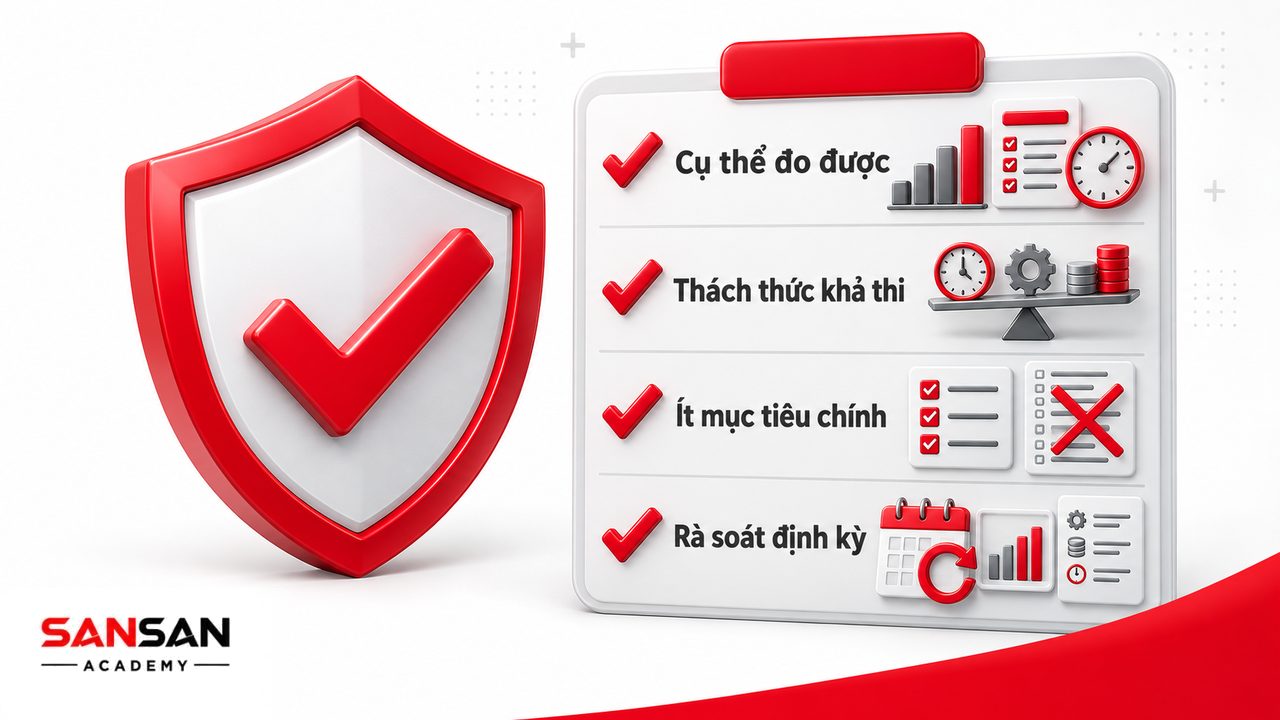 Lưu ý khi xây dựng mục tiêu ngắn hạn và dài hạn gồm đo lường rõ, khả thi, không đặt quá nhiều và đánh giá điều chỉnh định kỳ.