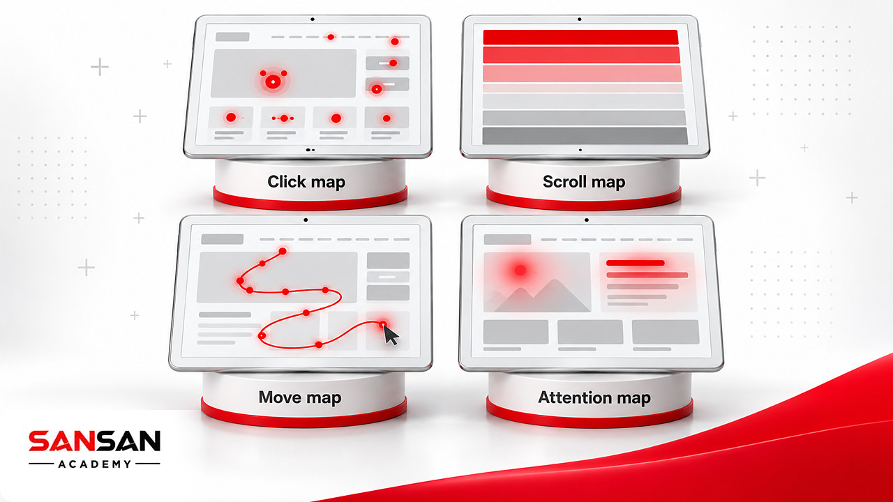 Ma trận bốn màn hình minh họa các loại heatmap gồm click map, scroll map, move map và attention map