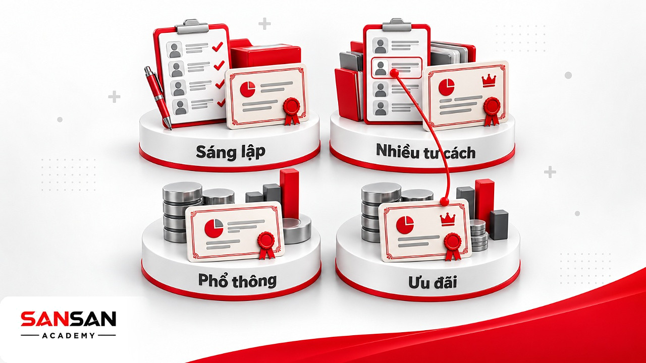 Ma trận các loại cổ đông theo tư cách sáng lập và loại cổ phần phổ thông hoặc ưu đãi đang nắm giữ.