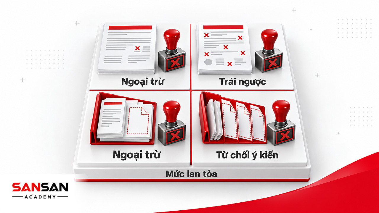Ma trận các loại ý kiến kiểm toán theo nguyên nhân và mức lan tỏa gồm ngoại trừ, trái ngược và từ chối đưa ra ý kiến