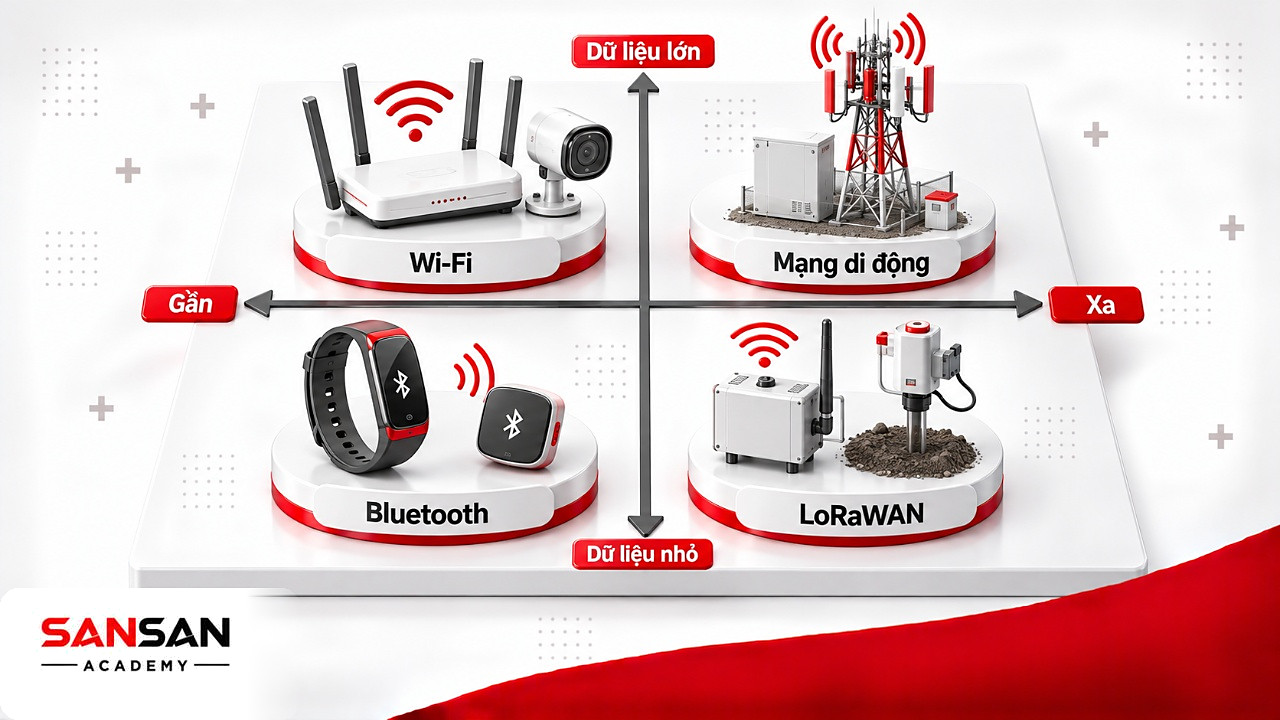 Ma trận chọn công nghệ kết nối IoT theo khoảng cách và lượng dữ liệu gồm Wi-Fi, Bluetooth, mạng di động, LoRaWAN