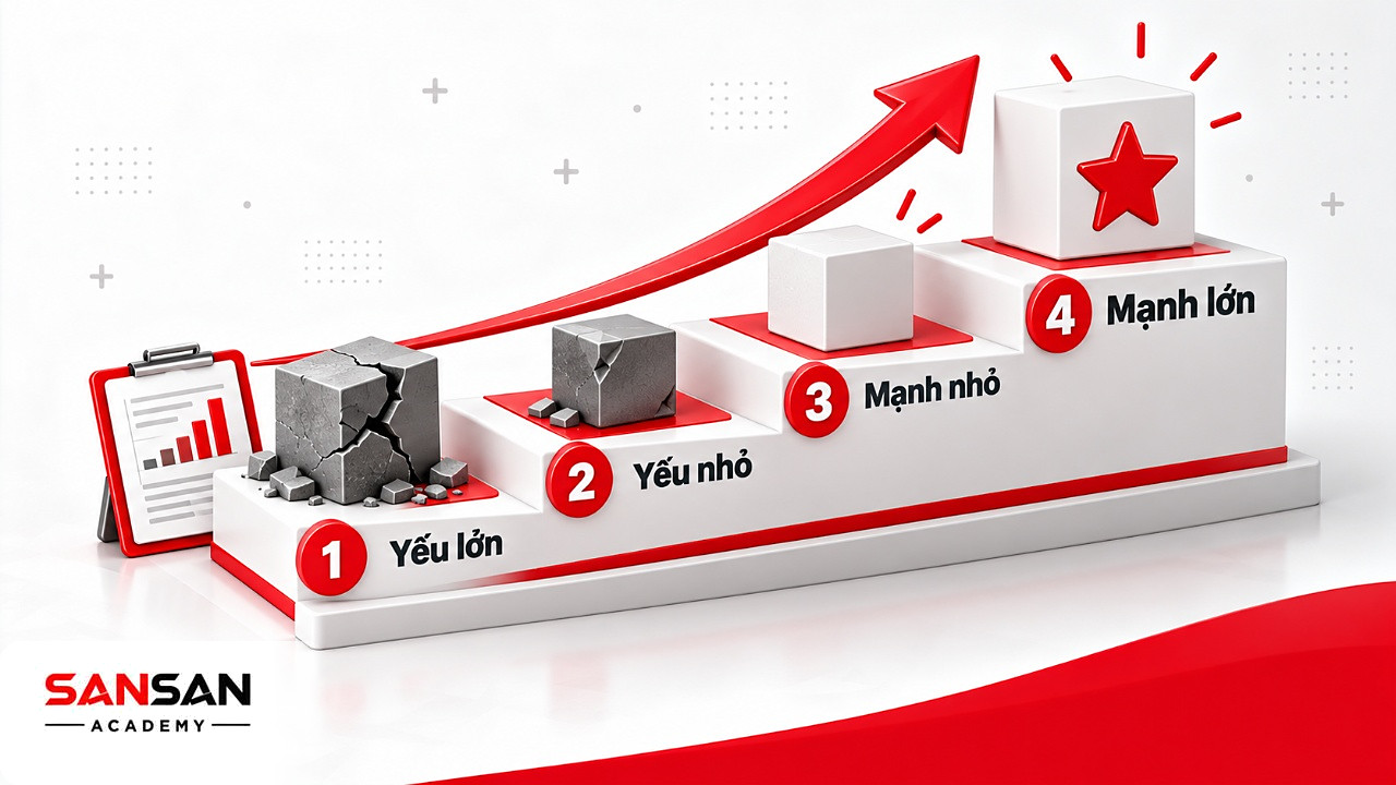 Bậc thang điểm đánh giá 1 đến 4 trong ma trận CPM từ điểm yếu lớn tới điểm mạnh lớn