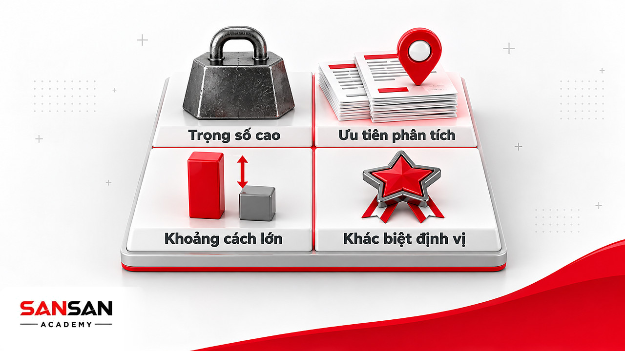 Ma trận 2×2 theo trọng số và khoảng cách điểm để chọn yếu tố ưu tiên trong ma trận CPM