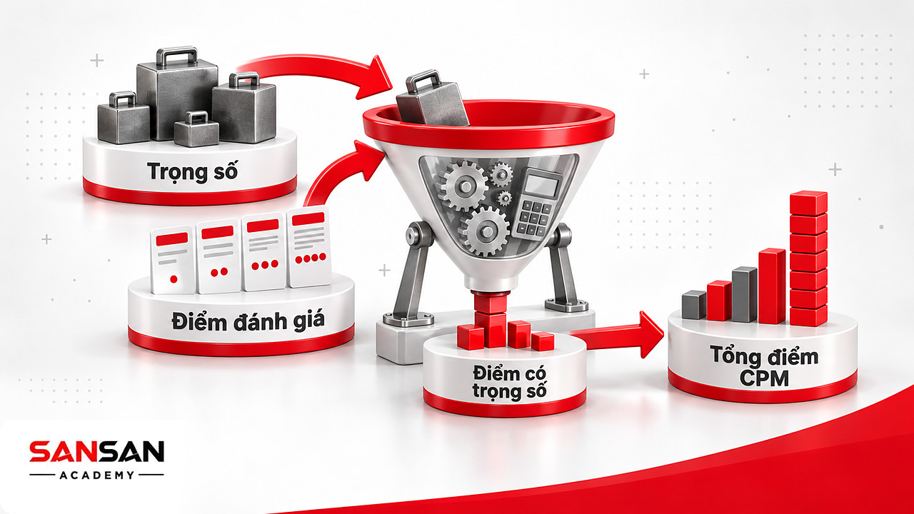 Phễu tính điểm: trọng số nhân điểm đánh giá rồi cộng thành tổng điểm ma trận CPM