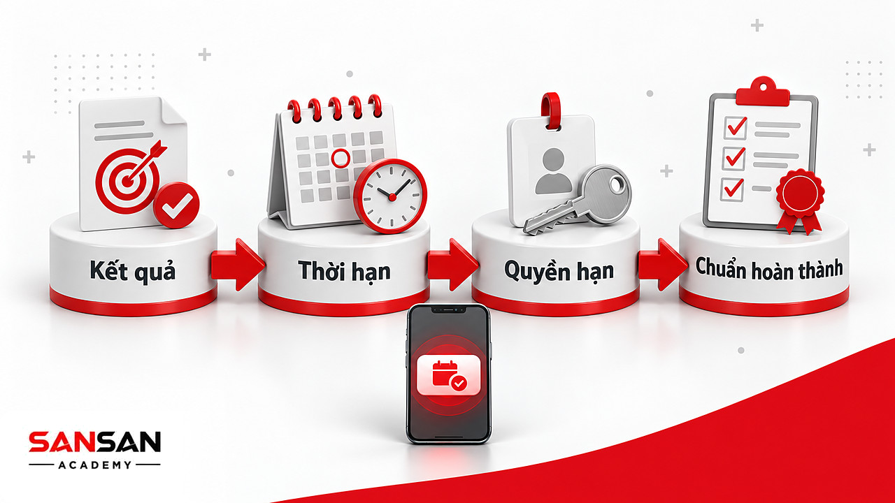 Bốn bệ kết quả, thời hạn, quyền hạn, chuẩn hoàn thành cần rõ khi ủy quyền việc nhóm 3 của ma trận Eisenhower