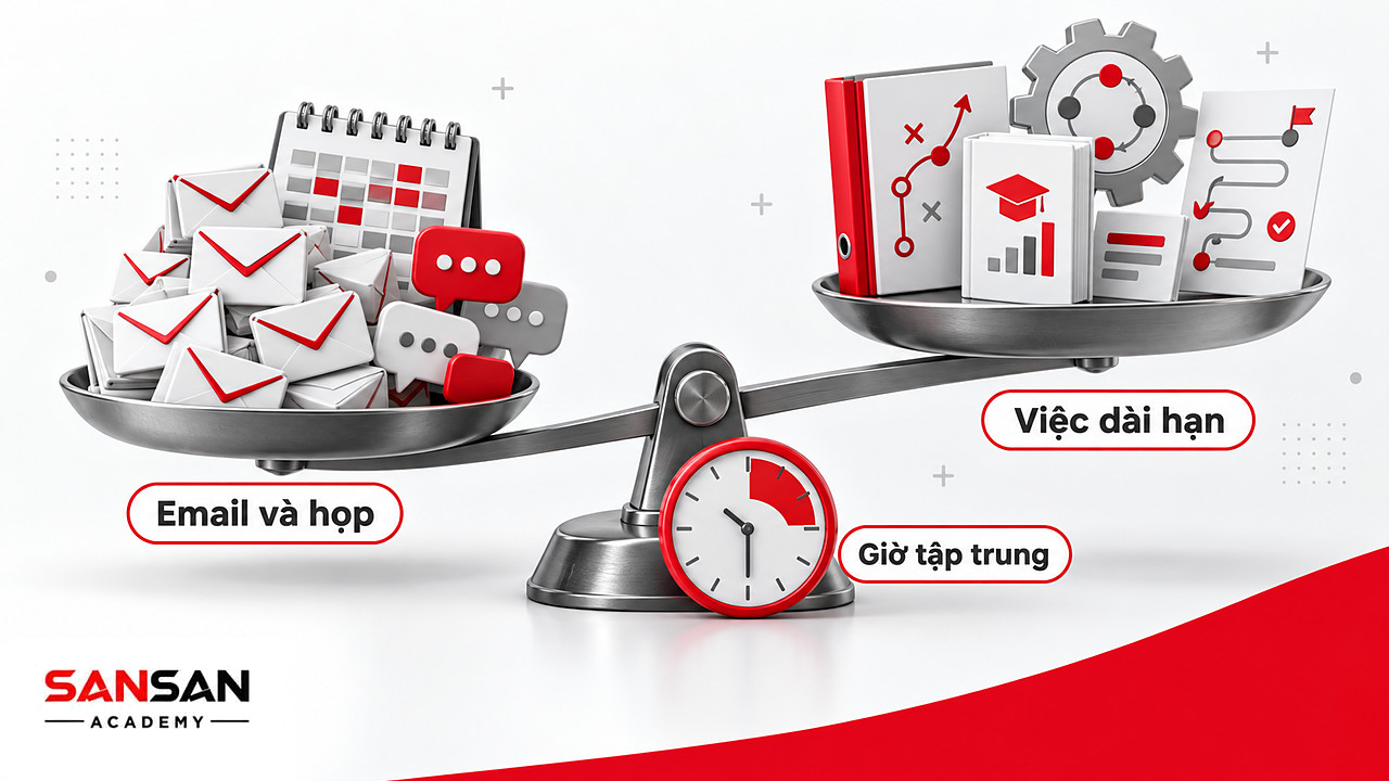 Cán cân lệch về email và lịch họp, bên kia là kế hoạch, sách kỹ năng, lộ trình dự án trong ma trận Eisenhower