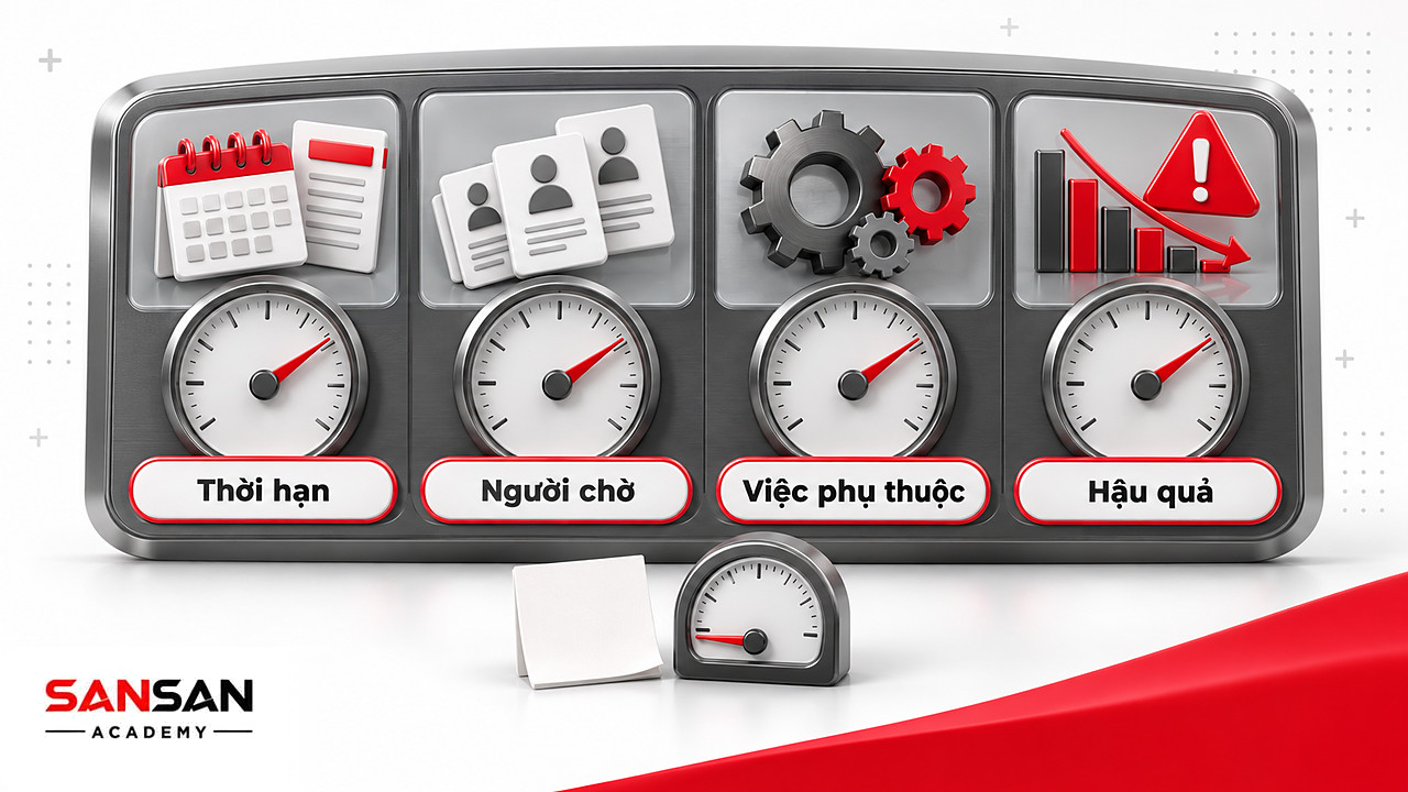 Bảng bốn đồng hồ đo thời hạn, người chờ, việc phụ thuộc và hậu quả để xét mức khẩn cấp trong ma trận Eisenhower